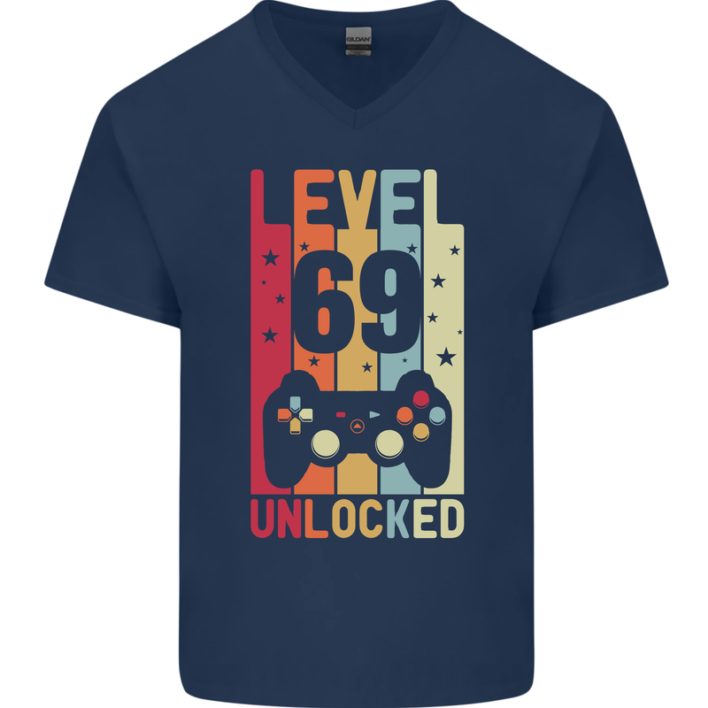 69th Birthday 69 Year Old Level Up Gamming Mens V-Neck Cotton T-Shirt Navy Blue