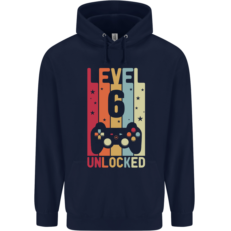 6th Birthday 6 Year Old Level Up Gamming Childrens Kids Hoodie Navy Blue