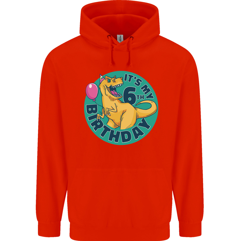 6th Birthday Dinosaur T-Rex 6 Year Old Childrens Kids Hoodie Bright Red