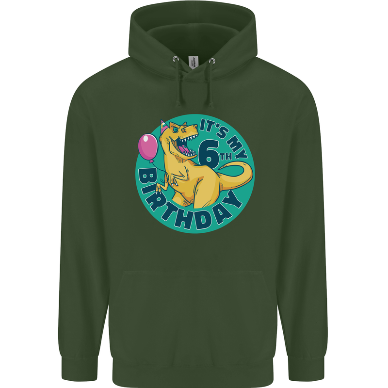 6th Birthday Dinosaur T-Rex 6 Year Old Childrens Kids Hoodie Forest Green