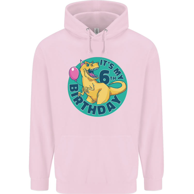 6th Birthday Dinosaur T-Rex 6 Year Old Childrens Kids Hoodie Light Pink