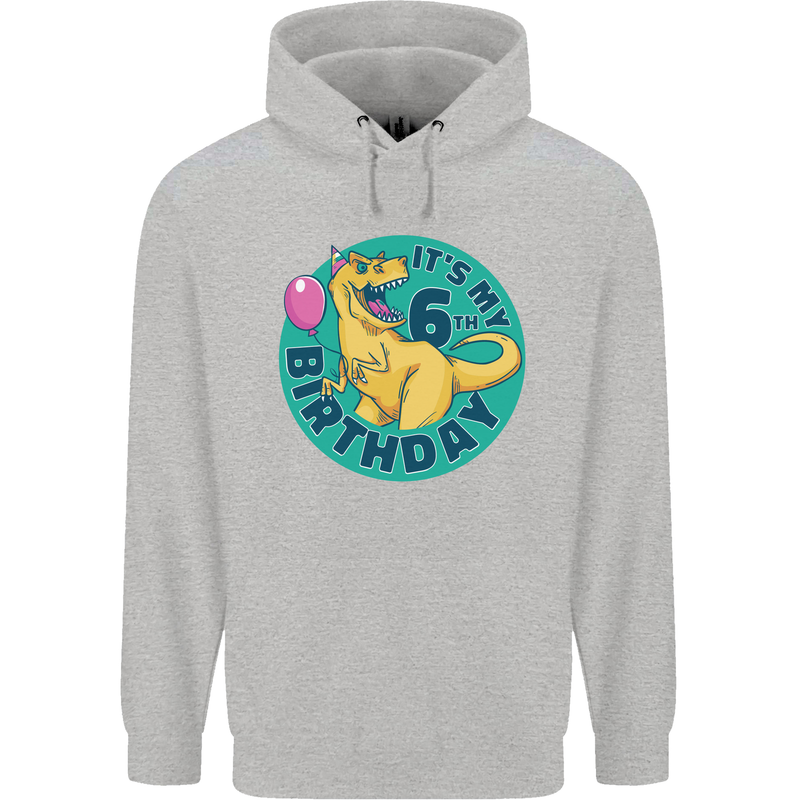 6th Birthday Dinosaur T-Rex 6 Year Old Childrens Kids Hoodie Sports Grey