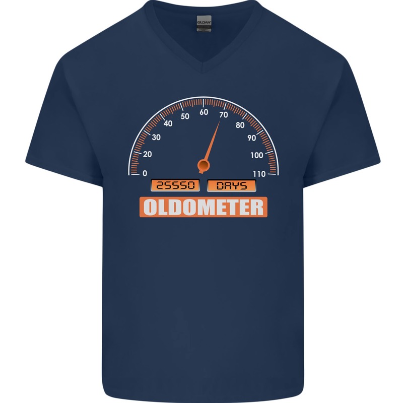 70th Birthday 70 Year Old Ageometer Funny Mens V-Neck Cotton T-Shirt Navy Blue