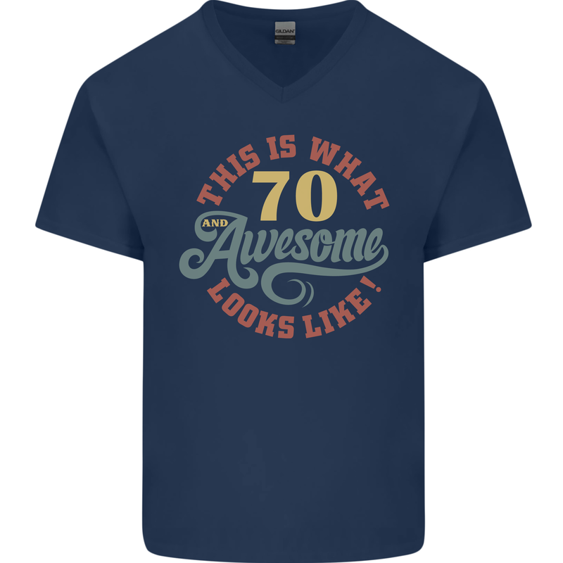 70th Birthday 70 Year Old Awesome Looks Like Mens V-Neck Cotton T-Shirt Navy Blue