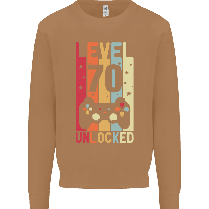 70th Birthday 70 Year Old Level Up Gamming Mens Sweatshirt Jumper Caramel Latte