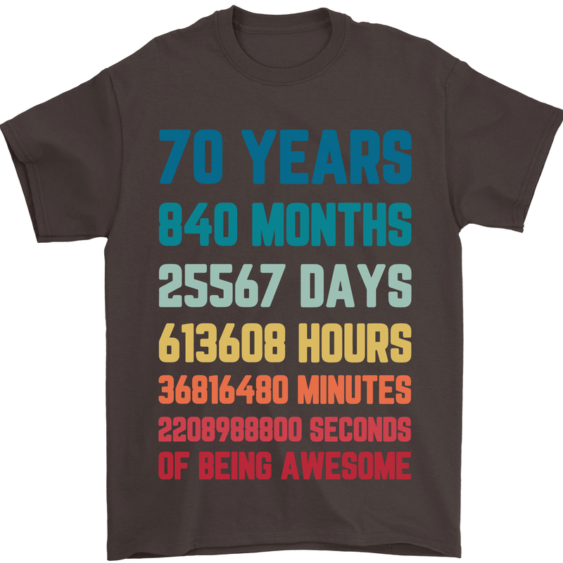 70th Birthday 70 Year Old Mens T-Shirt 100% Cotton Dark Chocolate