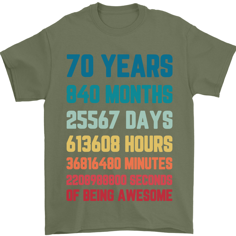 70th Birthday 70 Year Old Mens T-Shirt 100% Cotton Military Green