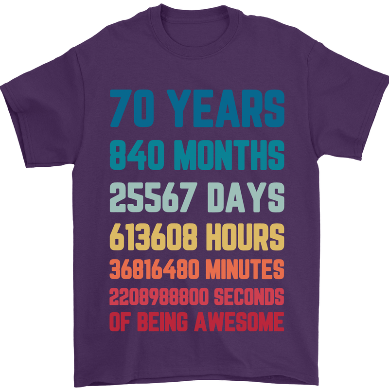 70th Birthday 70 Year Old Mens T-Shirt 100% Cotton Purple
