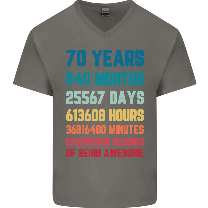 70th Birthday 70 Year Old Mens V-Neck Cotton T-Shirt Charcoal