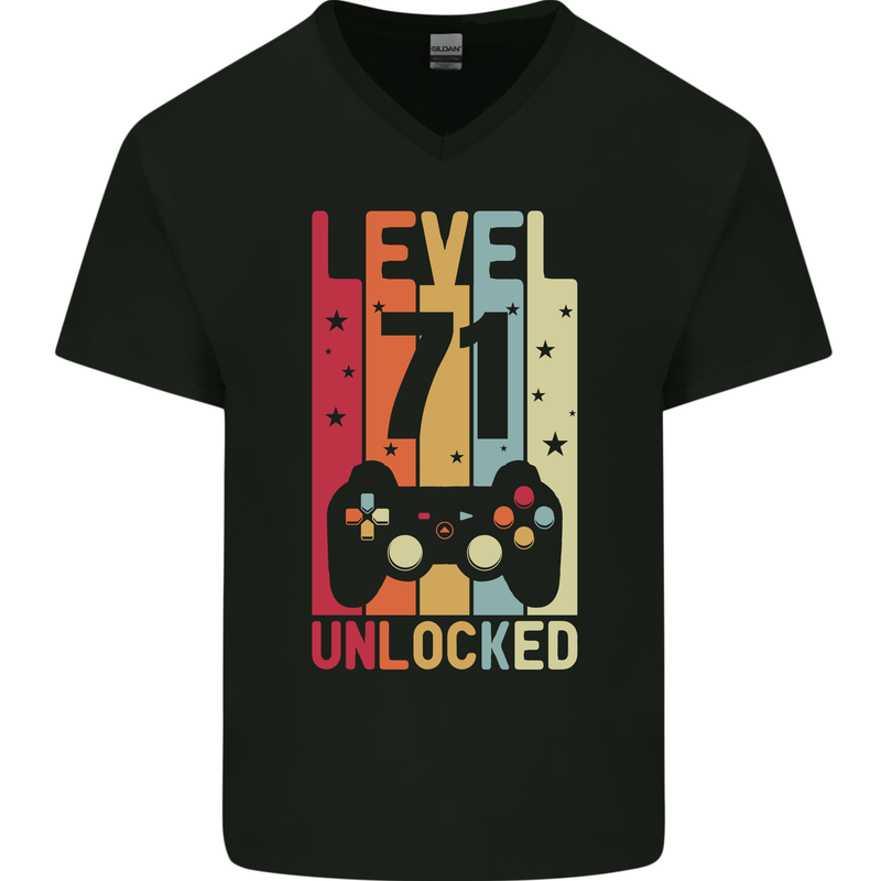 71st Birthday 71 Year Old Level Up Gamming Mens V-Neck Cotton T-Shirt Black