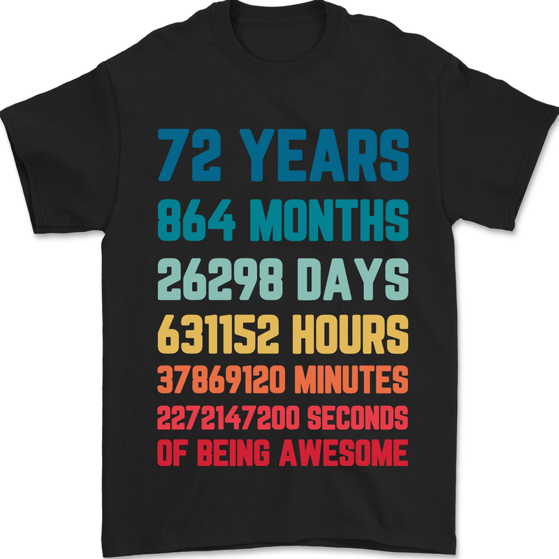 72nd Birthday 72 Year Old Mens T-Shirt 100% Cotton Black
