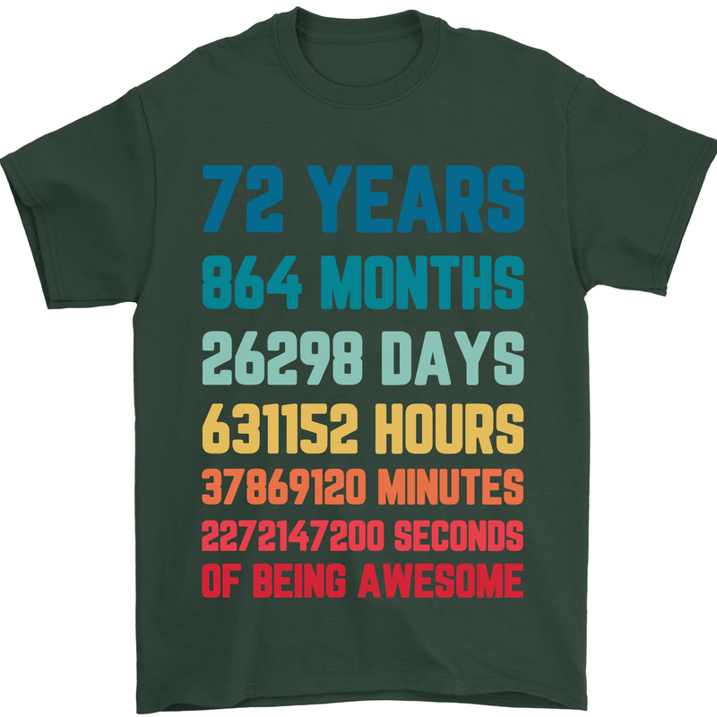 72nd Birthday 72 Year Old Mens T-Shirt 100% Cotton Forest Green