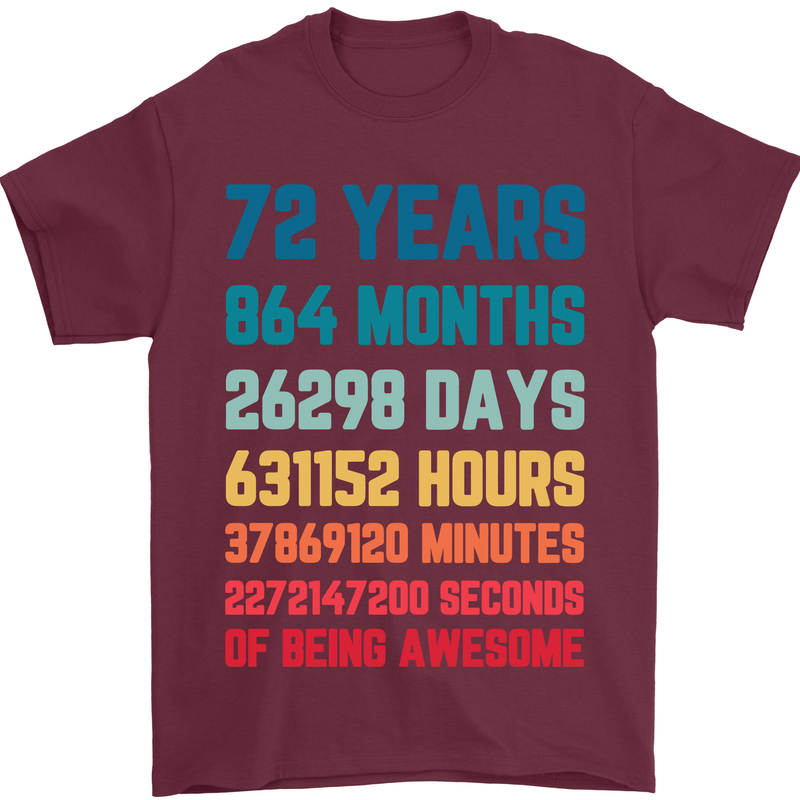 72nd Birthday 72 Year Old Mens T-Shirt 100% Cotton Maroon