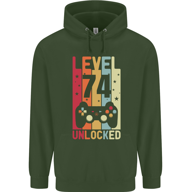 74th Birthday 74 Year Old Level Up Gamming Mens 80% Cotton Hoodie Forest Green