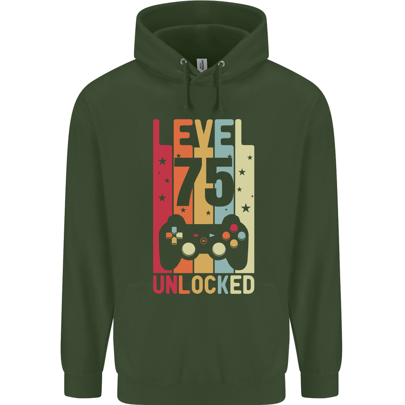 75th Birthday 75 Year Old Level Up Gamming Mens 80% Cotton Hoodie Forest Green