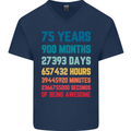 75th Birthday 75 Year Old Mens V-Neck Cotton T-Shirt Navy Blue