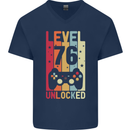 76th Birthday 76 Year Old Level Up Gamming Mens V-Neck Cotton T-Shirt Navy Blue