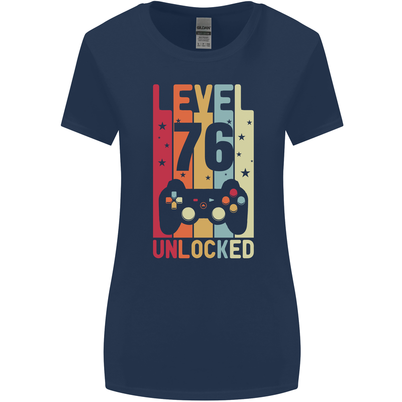 76th Birthday 76 Year Old Level Up Gamming Womens Wider Cut T-Shirt Navy Blue