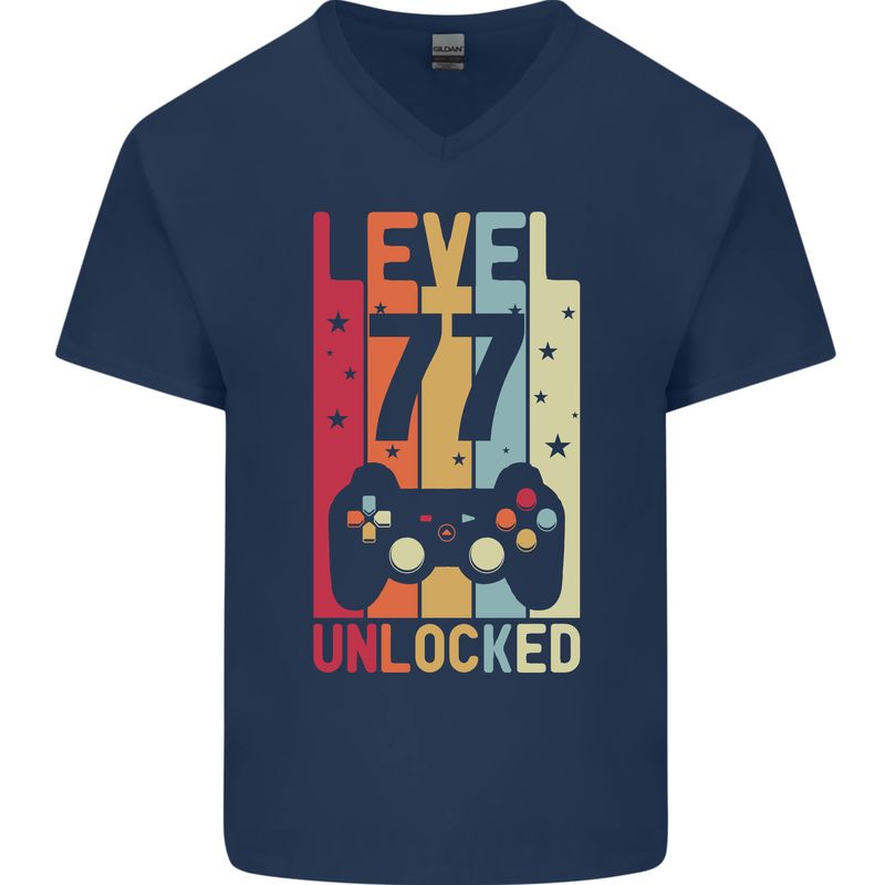 77th Birthday 77 Year Old Level Up Gamming Mens V-Neck Cotton T-Shirt Navy Blue