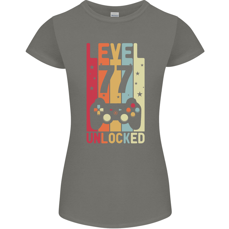 77th Birthday 77 Year Old Level Up Gamming Womens Petite Cut T-Shirt Charcoal