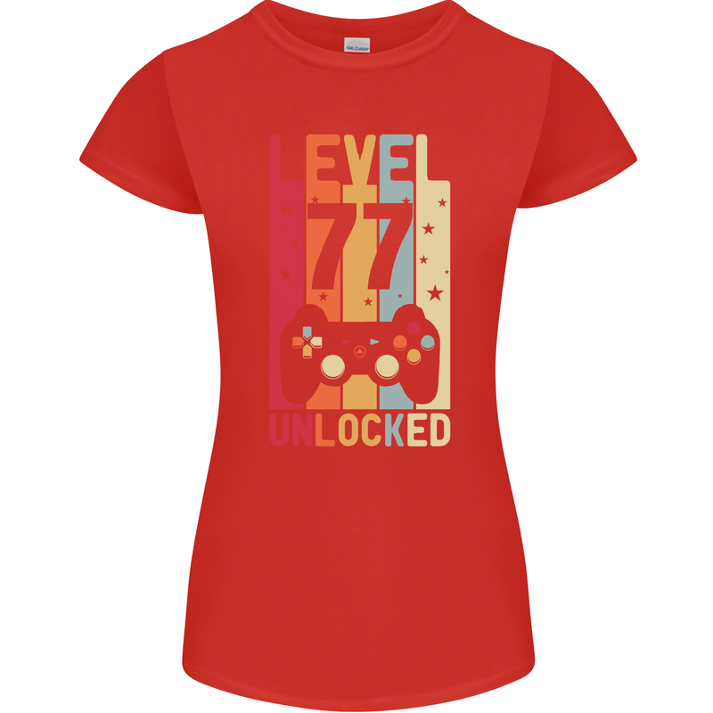 77th Birthday 77 Year Old Level Up Gamming Womens Petite Cut T-Shirt Red