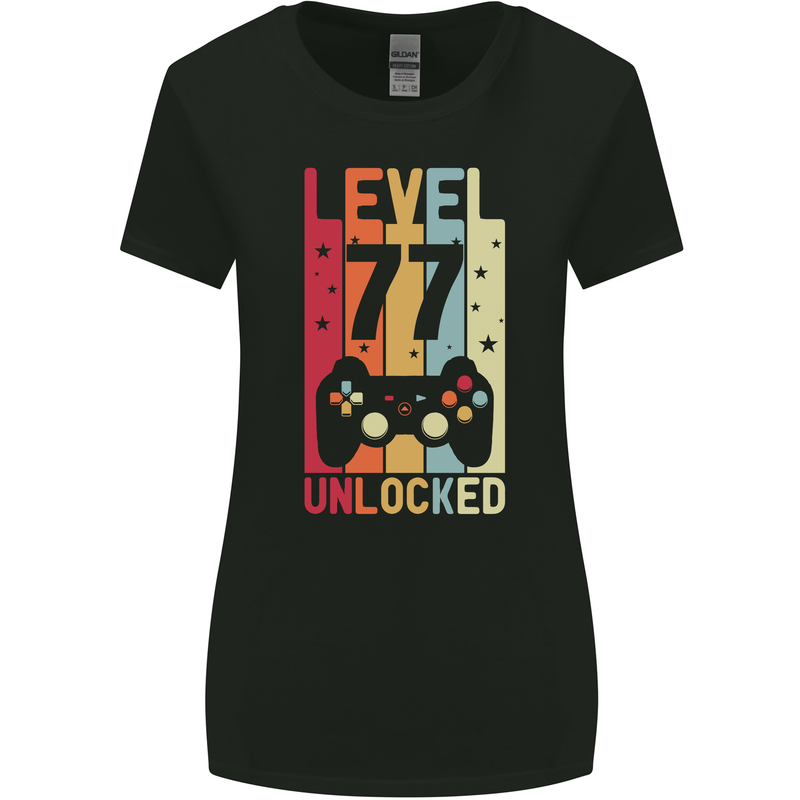 77th Birthday 77 Year Old Level Up Gamming Womens Wider Cut T-Shirt Black