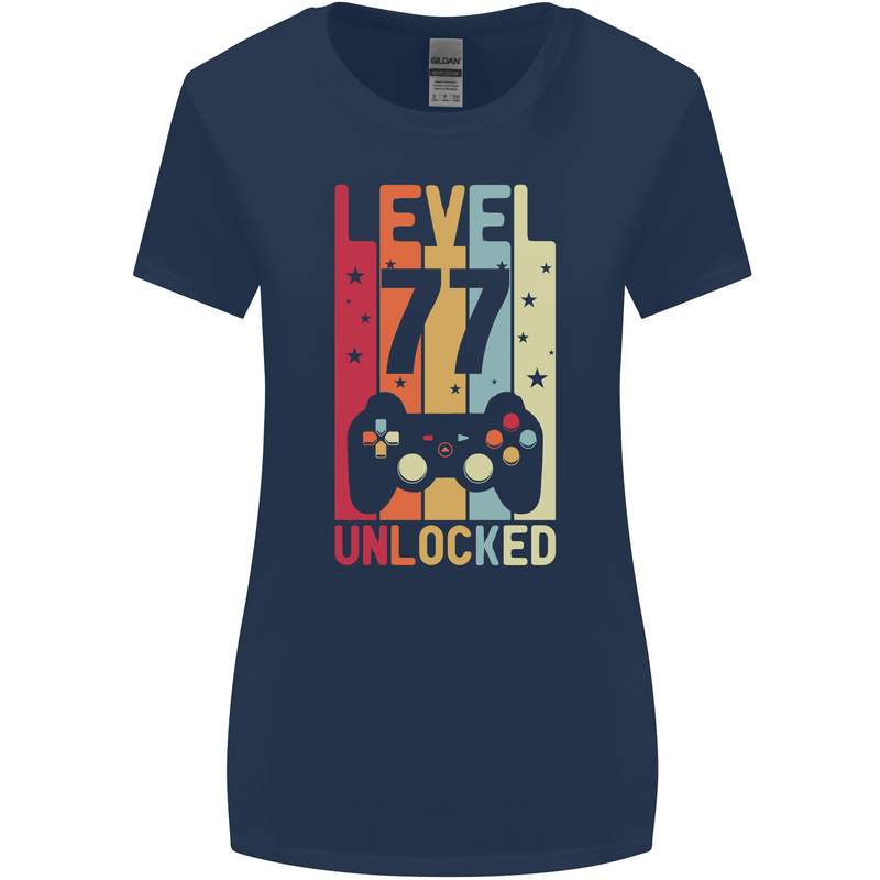 77th Birthday 77 Year Old Level Up Gamming Womens Wider Cut T-Shirt Navy Blue