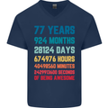 77th Birthday 77 Year Old Mens V-Neck Cotton T-Shirt Navy Blue
