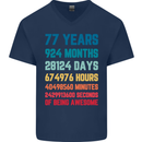 77th Birthday 77 Year Old Mens V-Neck Cotton T-Shirt Navy Blue