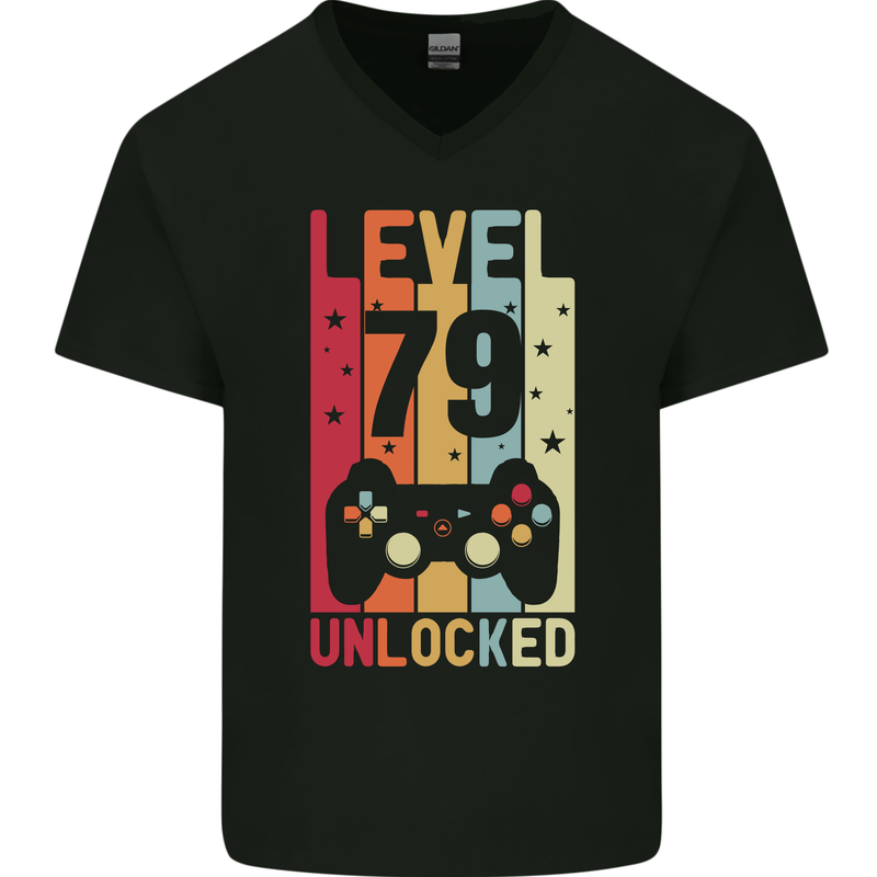 79th Birthday 79 Year Old Level Up Gamming Mens V-Neck Cotton T-Shirt Black