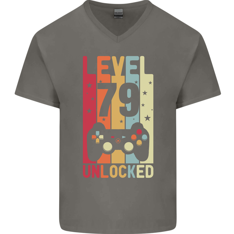 79th Birthday 79 Year Old Level Up Gamming Mens V-Neck Cotton T-Shirt Charcoal