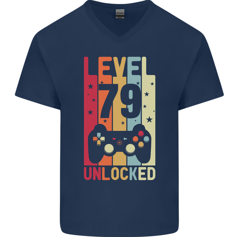 79th Birthday 79 Year Old Level Up Gamming Mens V-Neck Cotton T-Shirt Navy Blue