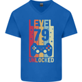 79th Birthday 79 Year Old Level Up Gamming Mens V-Neck Cotton T-Shirt Royal Blue