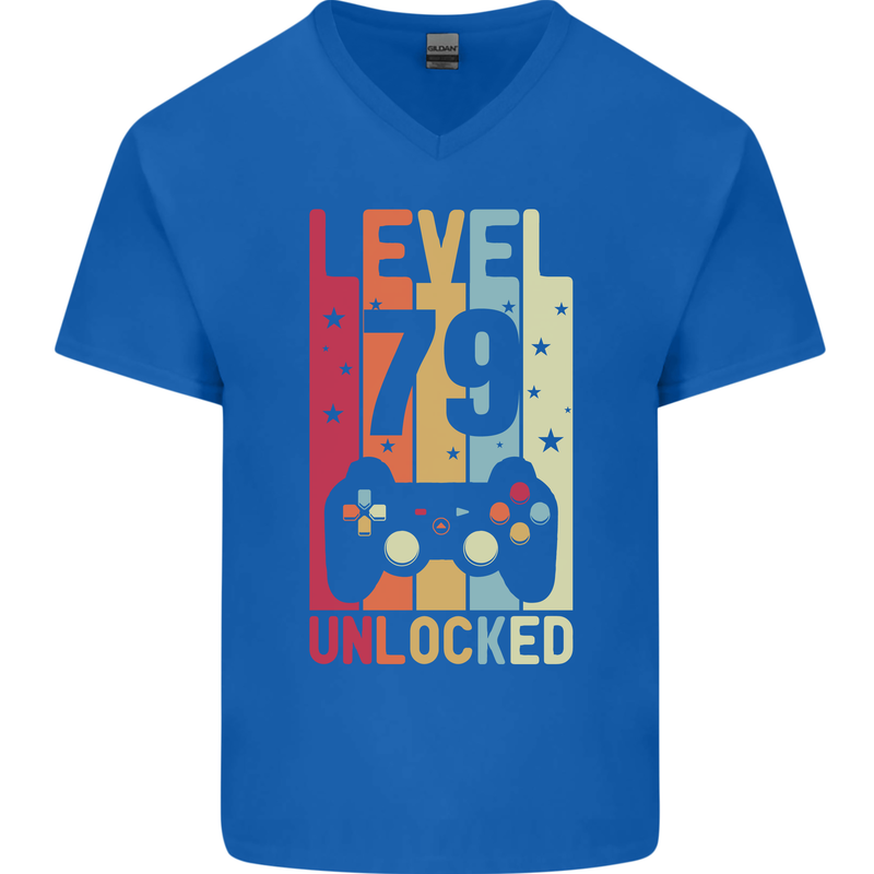79th Birthday 79 Year Old Level Up Gamming Mens V-Neck Cotton T-Shirt Royal Blue