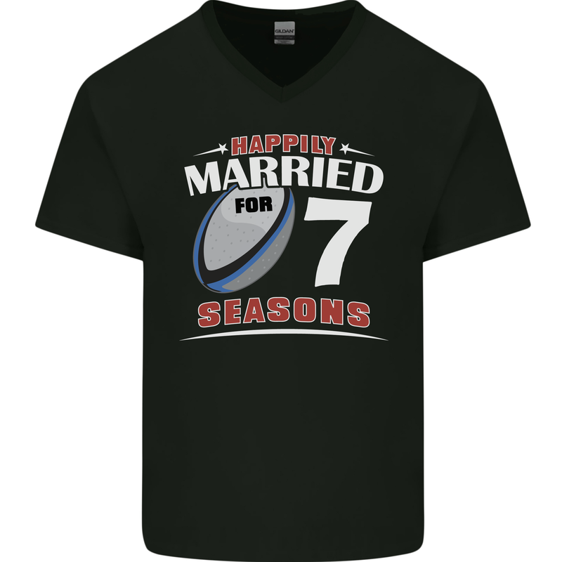 7 Year Wedding Anniversary 7th Rugby Mens V-Neck Cotton T-Shirt Black