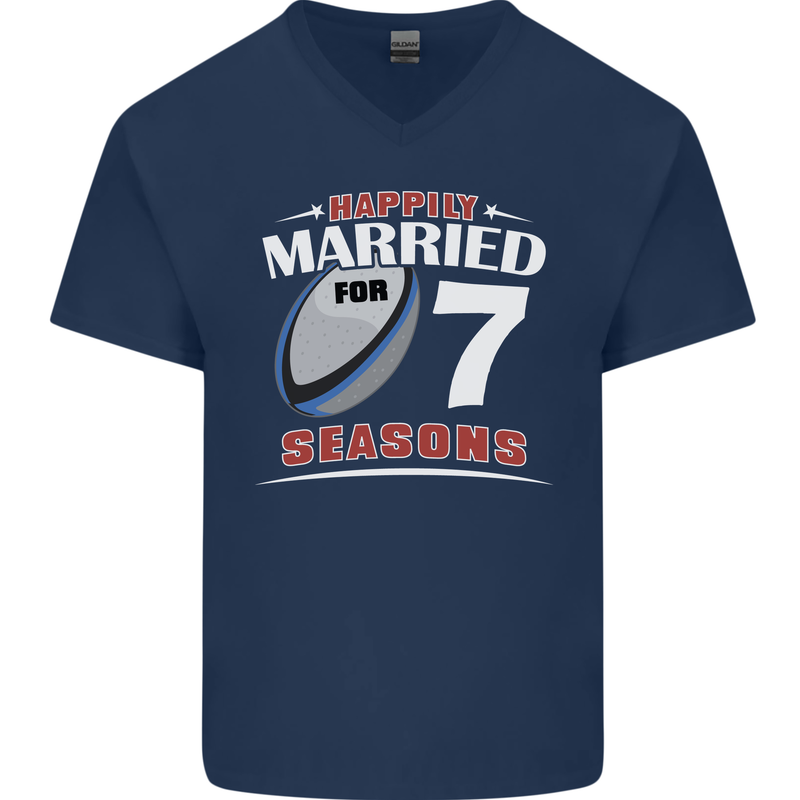 7 Year Wedding Anniversary 7th Rugby Mens V-Neck Cotton T-Shirt Navy Blue