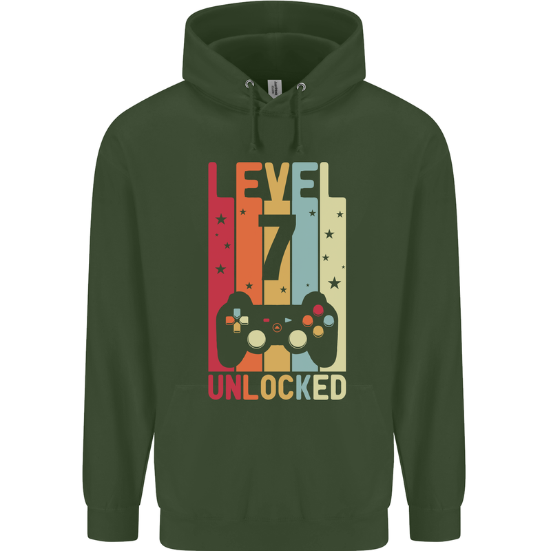 7th Birthday 7 Year Old Level Up Gamming Childrens Kids Hoodie Forest Green