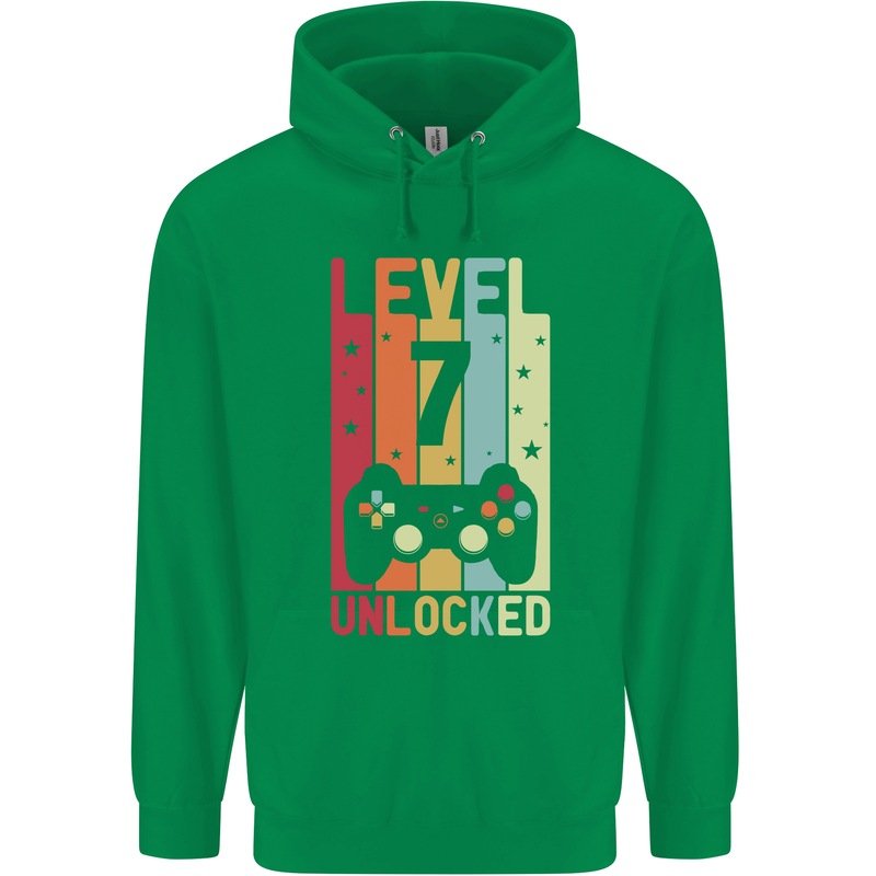7th Birthday 7 Year Old Level Up Gamming Childrens Kids Hoodie Irish Green