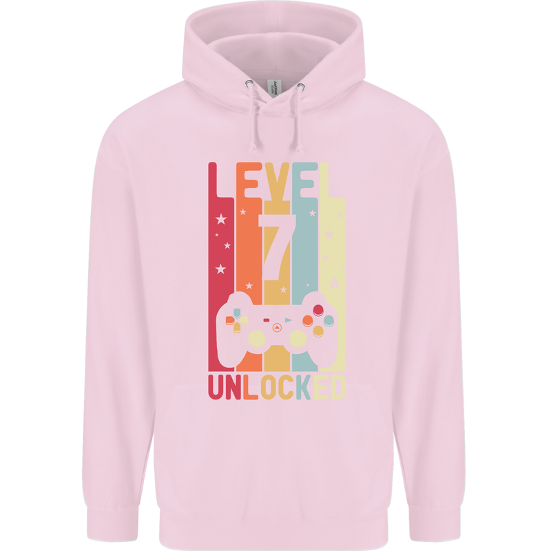 7th Birthday 7 Year Old Level Up Gamming Childrens Kids Hoodie Light Pink