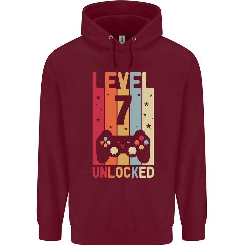7th Birthday 7 Year Old Level Up Gamming Childrens Kids Hoodie Maroon