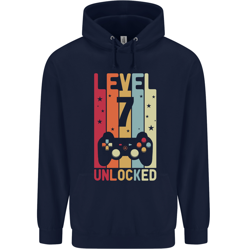 7th Birthday 7 Year Old Level Up Gamming Childrens Kids Hoodie Navy Blue