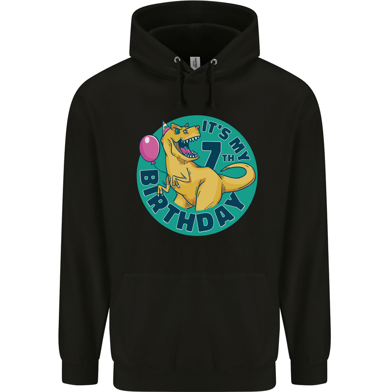 7th Birthday Dinosaur T-Rex 7 Year Old Childrens Kids Hoodie Black