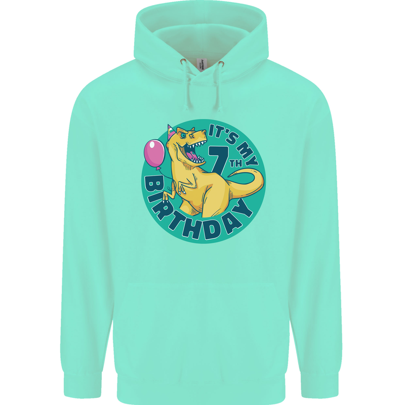 7th Birthday Dinosaur T-Rex 7 Year Old Childrens Kids Hoodie Peppermint