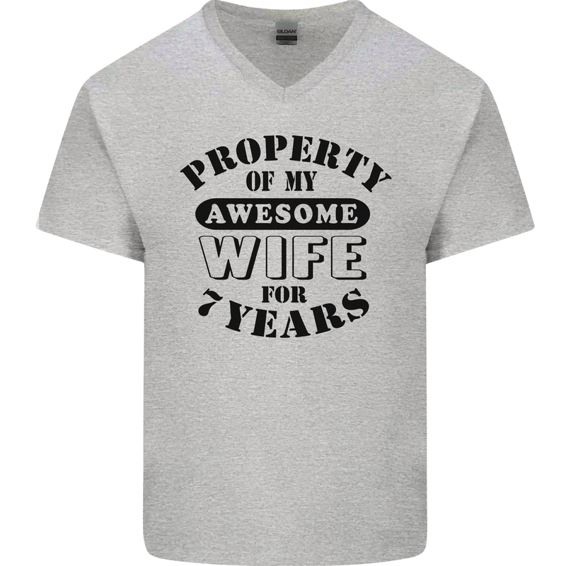 7th Wedding Anniversary 7 Year Funny Wife Mens V-Neck Cotton T-Shirt Sports Grey