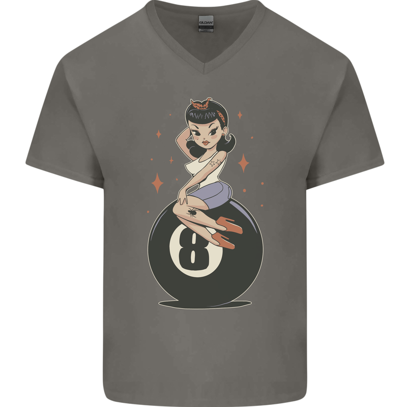 8-Ball Pinup Pool Mens V-Neck Cotton T-Shirt Charcoal