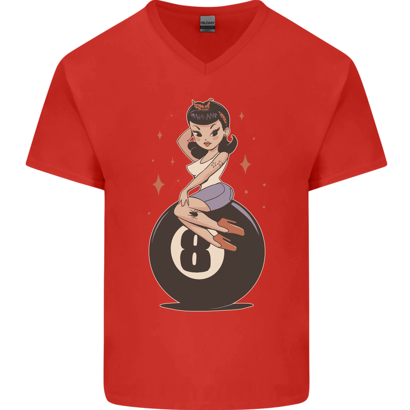 8-Ball Pinup Pool Mens V-Neck Cotton T-Shirt Red