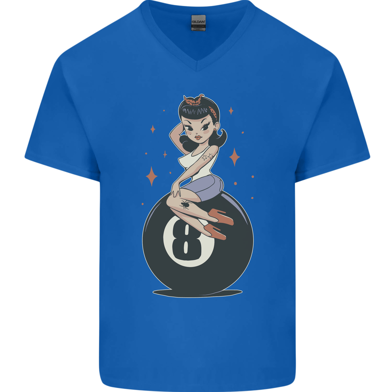 8-Ball Pinup Pool Mens V-Neck Cotton T-Shirt Royal Blue