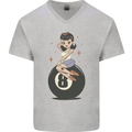 8-Ball Pinup Pool Mens V-Neck Cotton T-Shirt Sports Grey