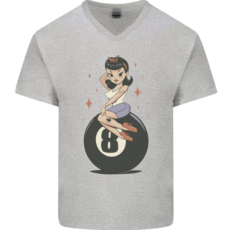 8-Ball Pinup Pool Mens V-Neck Cotton T-Shirt Sports Grey