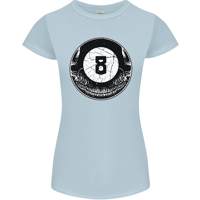 8-Ball Skull Pool Player 9-Ball Womens Petite Cut T-Shirt Light Blue